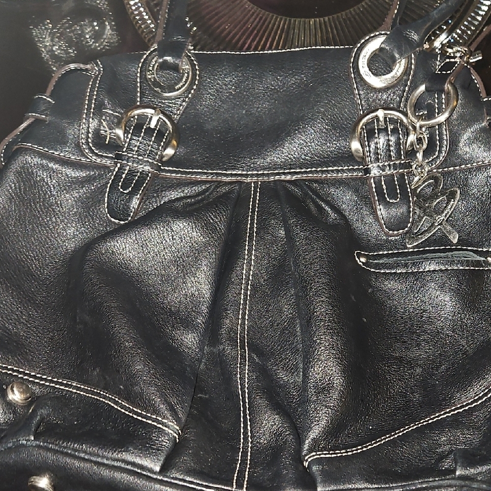 b. makowsky Black Leather Shoulder Bag, Heavy Silver Hardware&White Stitching - Picture 8 of 16